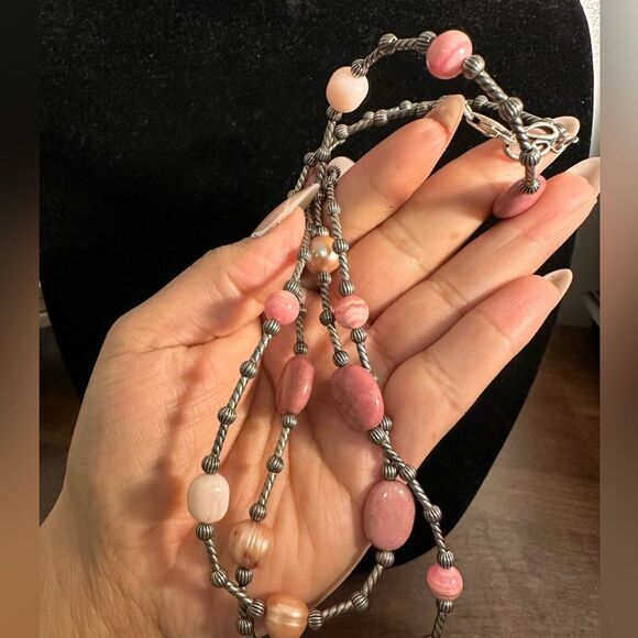 Carolyn Pollack Sterling Silver Rhodochrosite Rhodonite & Pearl Station Necklace - Picture 6 of 6